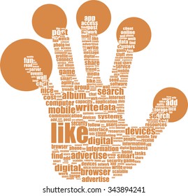 Illustration of the hands symbol, which is composed of text keywords on social media themes. Isolated on white vector illustration