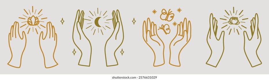 Illustration of hands with symbols like stars, moon, and butterflies. Hands with stars, hands with moon, hands with butterflies. Mystical and magical theme. Aesthetic spirituality vector illustrations