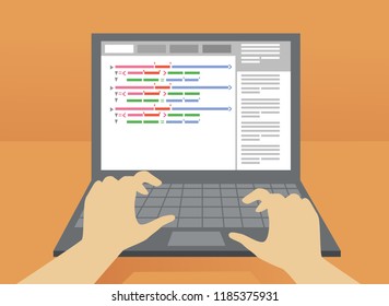 Illustration of Hands Typing and Coding on a Laptop. Computer Programming