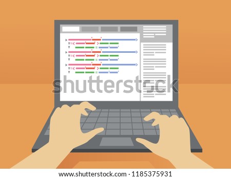 Illustration of Hands Typing and Coding on a Laptop. Computer Programming