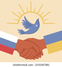 Illustration of hands under the flags of Russia and Ukraine in reaching out to meet each other. Dove of peace in the background. It symbolizes a peace treaty, friendship, the end of a war, a truce.
