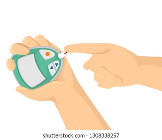 Illustration of Hands Using a Blood Glucose Meter with a Pricked Hand Showing Blood