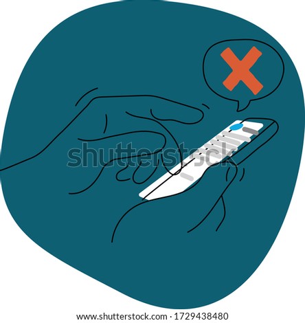 Illustration of hands using a phone or a smartphone with the news feed open on the screen, there is a big red cross bubble flagging fake news or misinformation. Flat cartoon style simple vector image