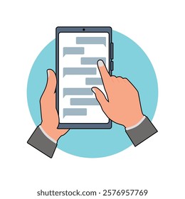 Illustration of hands using a smartphone. Reflects digital communication, messaging, and modern technology interaction. Ideal for technological, communication, and lifestyle themes.