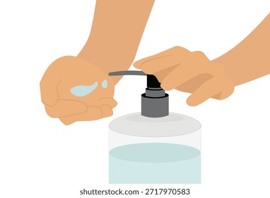 Illustration of hands using a soap or sanitizer dispenser, with one hand pressing the pump and the other catching the liquid to represent hand hygiene.