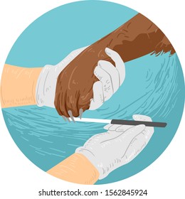 Illustration of Hands Wearing Gloves Filing Nails of a Dog