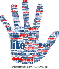 Illustration of the hands, which is composed of text keywords on social media themes. Isolated on white.