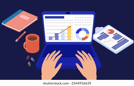 Ilustración de manos trabajando en una computadora portátil que muestra gráficos y gráficos de análisis de datos, junto con documentos comerciales, café y suministros de oficina.