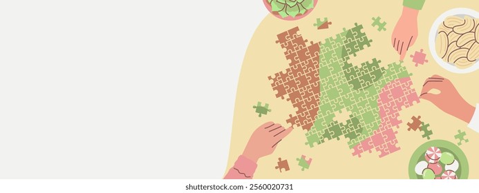 Illustration of hands working together on a multicolored jigsaw puzzle with snacks, symbolizing teamwork, leisure, and family bonding.