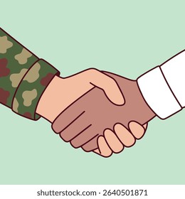 Illustration of a handshake between a person in military camouflage and a Black dark brown skinned civilian, symbolizing unity, support, and peaceful collaboration