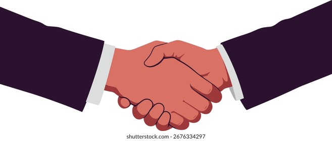 Ilustração de um aperto de mão entre dois empresários vestindo ternos, simbolizando acordo, parceria e colaboração em um fundo branco.