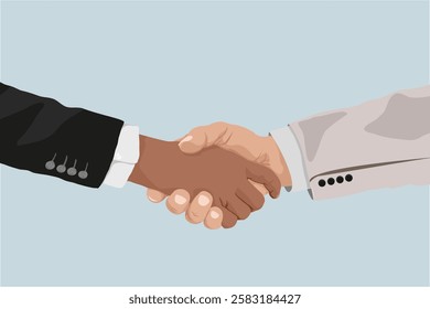 Illustration of a handshake between two people wearing suits, symbolizing agreement, partnership, and cooperation in a professional setting. Aesthetic vector illustration.