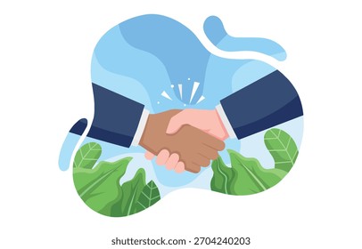 Una ilustración de un apretón de manos entre dos personas con diferentes tonos de piel.