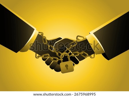 An illustration of a handshake between two people, but their hands are tied together with a chain and locked with a padlock. Symbolizes a business deal where one or both parties are trapped