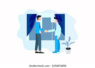 Illustration Handshake Businessman with Business partner - Business Teamwork Meeting and Discussion Together Vector