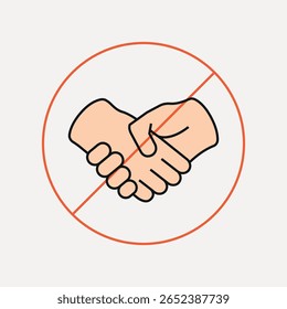 Illustration of a handshake crossed out, symbolizing no handshake. No handshake icon with crossed-out line. Handshake prohibited sign in a simple design. Hand illustration vector.