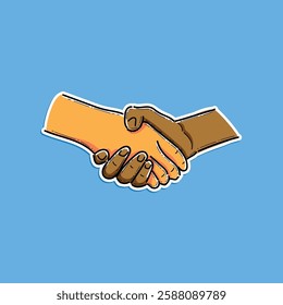 Illustration of a handshake symbolizing partnership, diversity, and agreement, set against a vivid blue background. Perfect for concepts related to teamwork, trust, and mutual respect.