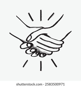 Illustration of a handshake with two hands clasped together. The handshake symbolizes agreement, partnership, and collaboration. Black and white sketch style. Fun doodle illustration vector.