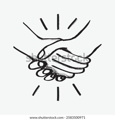 Illustration of a handshake with two hands clasped together. The handshake symbolizes agreement, partnership, and collaboration. Black and white sketch style. Fun doodle illustration vector.