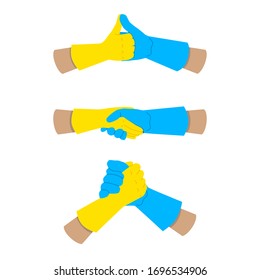 Illustration of handshakes in rubber gloves isolated on a white background. Respect and mutual assistance between cleaners. Vector graphics for the day of the cleaner.