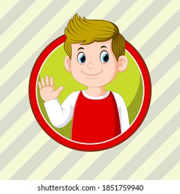 The illustration of the handsome boy with the red shirt with the round frame