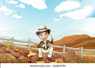 Illustration of a handsome boy sitting at the rock