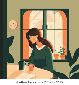 Illustration of handsome brunette woman sitting with cup of coffee indoors near window with view of city