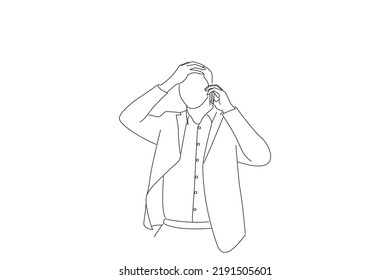 Illustration Of Handsome Businessman Standing At Street, Talking On A Mobile Phone And Having Bad Conversation. Oneline Art Drawing Style
