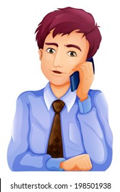 Illustration of a handsome businessman using a cellphone on a white background