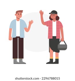 Illustration of handsome couple man and woman waving each other when meet. Two young people on date outside. Flat cartoon vector style on white background