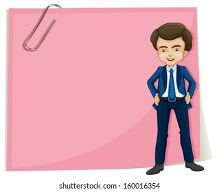 Illustration of a handsome gentleman standing in front of the pink signage on a white background