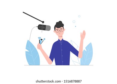 Illustration of a handsome guy or boy beauty fashion blogger sitting at the table with makeup brushes and waving his hand. Modern flat design for landing page, website, blog.