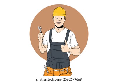 Illustration of a handsome and happy worker holding a wrench and showing thumbs up wearing work equipment ready to do his job.