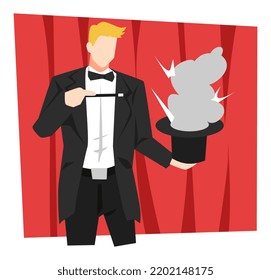 illustration of a handsome magician performing on stage. smoky magic hat. magic wand. magic concept, trick, profession, show, entertainment, etc. flat vector