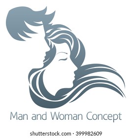 An illustration of a handsome man and beautiful woman with flowing hair in profile
