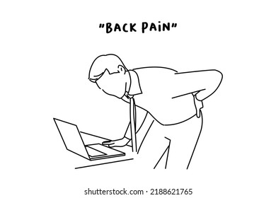 Illustration of Handsome Man Feeling Back Pain. Outline drawing style art
