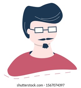 illustration of a handsome man with glasses, small mustache, beard and red shirt
