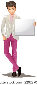 Illustration of a handsome man holding an empty template on a white background 