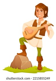 illustration of a handsome medieval bard, singing and playing lute. Cute cartoon character suitable for fantasy gaming studio website, isolated on white.