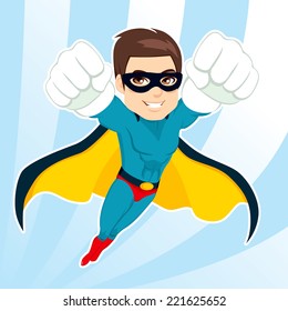 Illustration of handsome muscular strong man in superhero costume flying