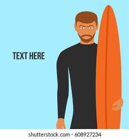 illustration of handsome nice surfer man or male vector standing. a young boy or person  holding surfboard. a guy with a flat design style wetsuit and light blue background with a space & text here.
