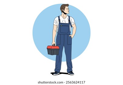illustration of a handsome repairman in uniform standing carrying work tools and looking away to do today's work.
