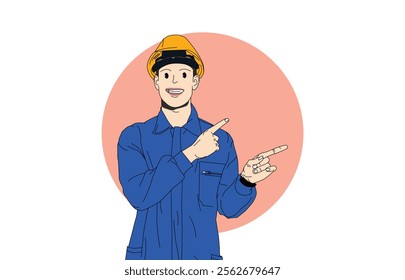 Illustration of a handsome young African-American worker wearing a blue uniform and safety helmet smiling and looking at the camera while pointing with both hands and fingers to the side.
