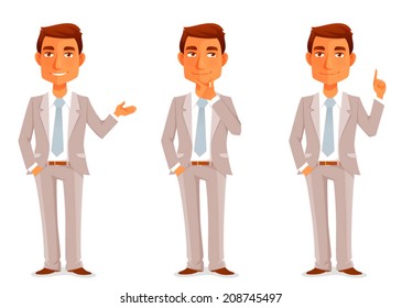 illustration of a handsome young businessman in various poses. Young man in business suit, gesturing. Cartoon character. Isolated on white. Vector eps file.