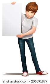 Illustration of a handsome young man holding an empty signboard on a white background
