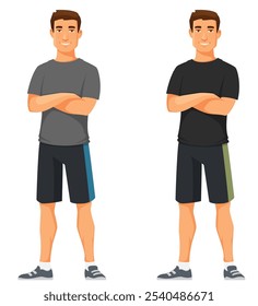 ilustração de um jovem bonito em esporte ou ginástica, sorrindo enquanto está de braços cruzados. Estilo de vida saudável e conceito de fitness. Isolado no branco.