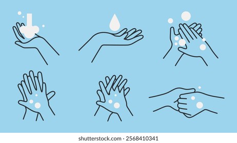 Illustration of handwashing steps. Hands with soap, water, bubbles. Clean hands, hygiene. Step-by-step handwashing. Simple handwashing guide. Hygiene illustrations, vector set.