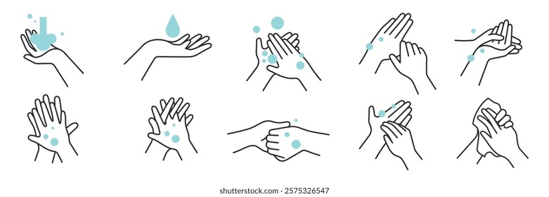 Illustration of handwashing steps. Hands with soap, water, bubbles. Step-by-step handwashing guide. Clean hands, hygiene, handwashing technique. Hygiene illustrations, vector set.