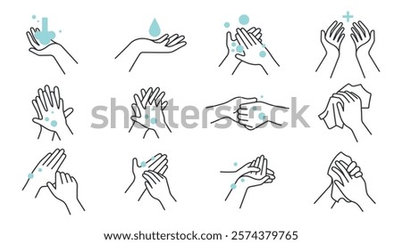 Illustration of handwashing steps. Hands with soap, water, bubbles. Step-by-step handwashing guide. Clean hands, hygiene, handwashing process. Hygiene illustrations, vector set.