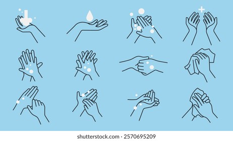 Illustration of handwashing steps with soap and water. Handwashing icons show lathering, rinsing, and drying. Clean hands, soap, and water in each step. Hygiene illustrations, vector set.